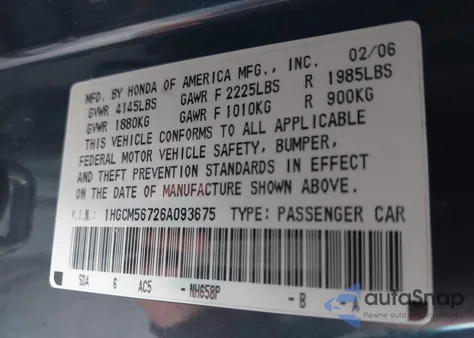 2006 Honda Accord Sdn 2.4 Ex/Ex from USA, damaged, VIN 1HGCM56726A093675